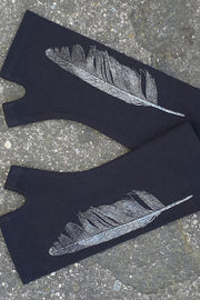 Merino Fingerless Gloves - Regular Length Black Feather Print