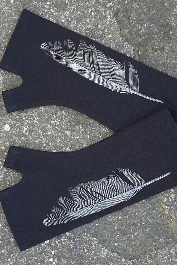 Merino Fingerless Gloves - Regular Length Black Feather Print
