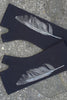 Merino Fingerless Gloves - Regular Length Black Feather Print