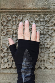 Merino Fingerless Gloves - Regular Length Black Feather Print