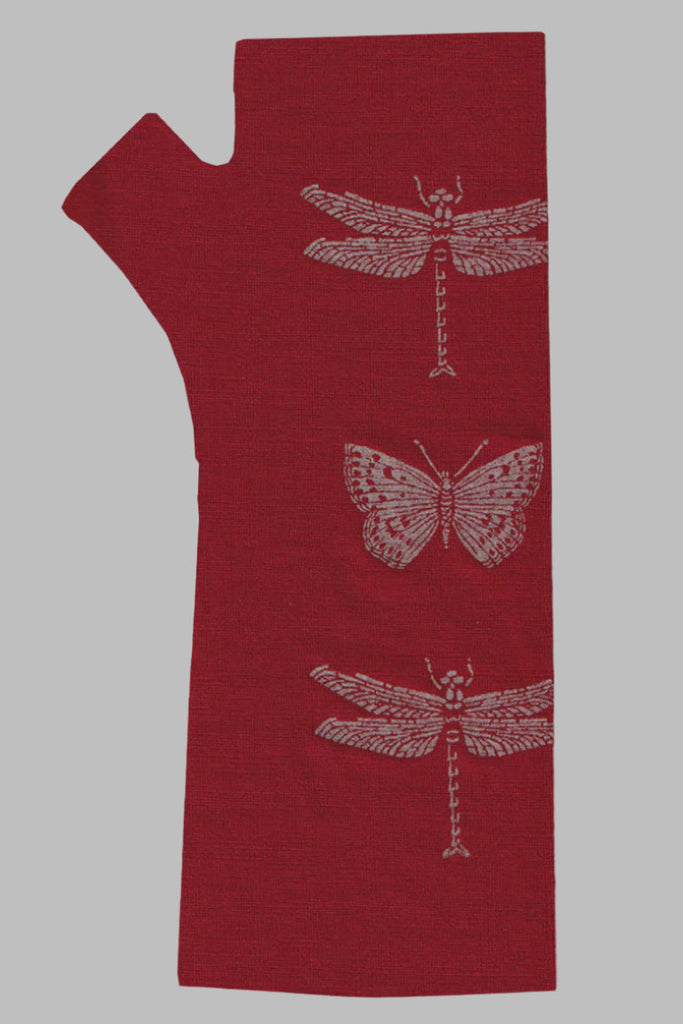 Merino Fingerless Gloves - Regular Length red Dragonfly  Print