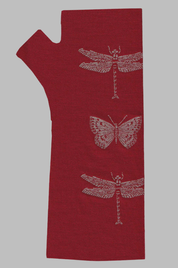 Merino Fingerless Gloves - Regular Length red Dragonfly  Print