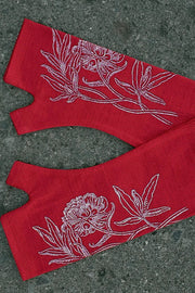 Merino Fingerless Gloves - Regular Length Red Peony Print
