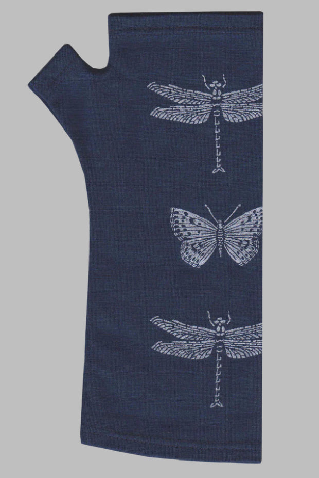 Merino Fingerless Gloves - Regular Length Ink Dragonfly  Print