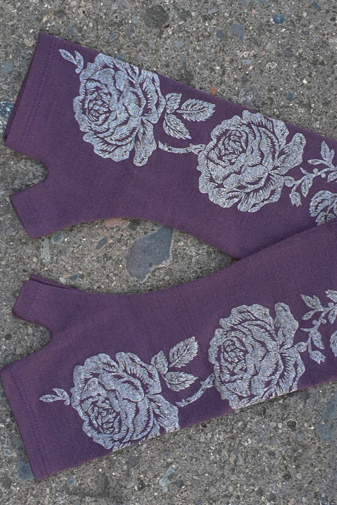 Merino Fingerless Gloves - Regular Length Purple Vintage Rose Print