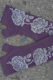 Merino Fingerless Gloves - Regular Length Purple Vintage Rose Print
