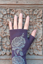 Merino Fingerless Gloves - Regular Length Purple Vintage Rose Print