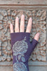 Merino Fingerless Gloves - Regular Length Purple Vintage Rose Print
