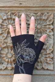 Merino Fingerless Gloves - Hobo Length Black Peony