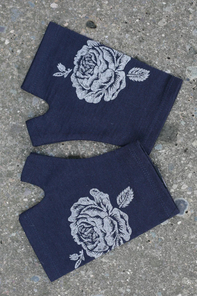 Merino Fingerless Gloves - Hobo Length Ink Rose Print