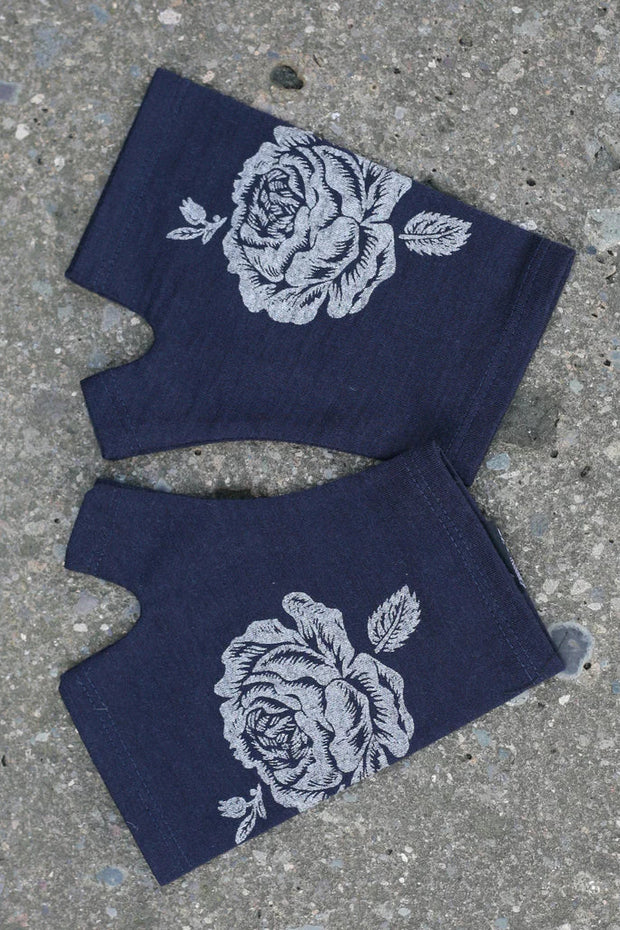 Merino Fingerless Gloves - Hobo Length Ink Rose Print