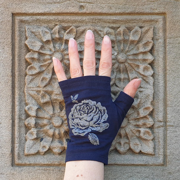 Merino Fingerless Gloves - Hobo Length Ink Rose Print
