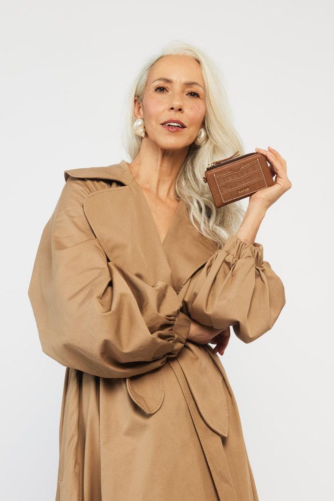 Wednesday Wallet - Tan + Croc + White Stitch