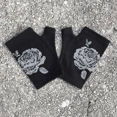 Merino Fingerless Gloves - Hobo Length Black Vintage Rose