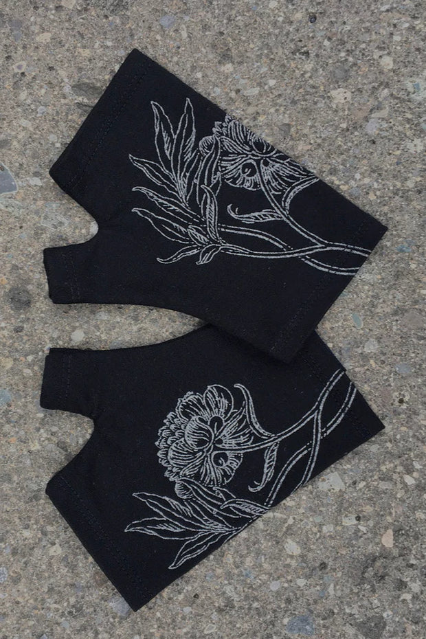 Merino Fingerless Gloves - Hobo Length Black Peony