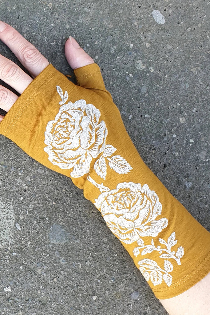 Merino Fingerless Gloves - Standard Length Mustard Rose Print