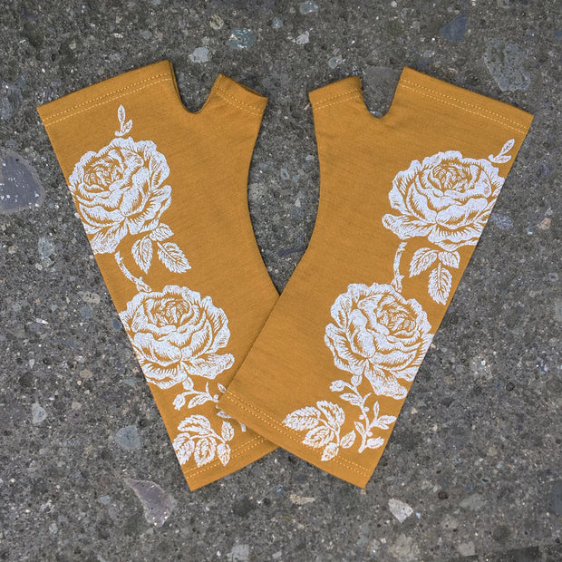 Merino Fingerless Gloves - Standard Length Mustard Rose Print